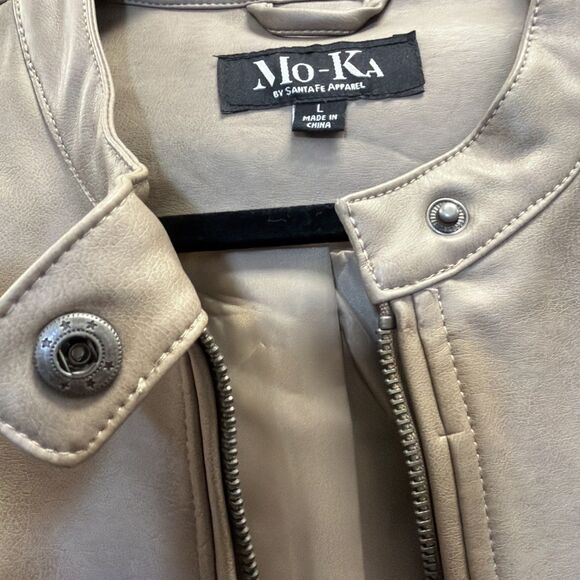 Mo-Ka SantaFe Taupe Faux Leather Moto Jacket Zip Pockets Sleeves Large - Picture 10 of 10